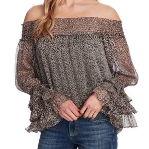 NWT CeCe off the shoulder chiffon animal print blouse in rich black